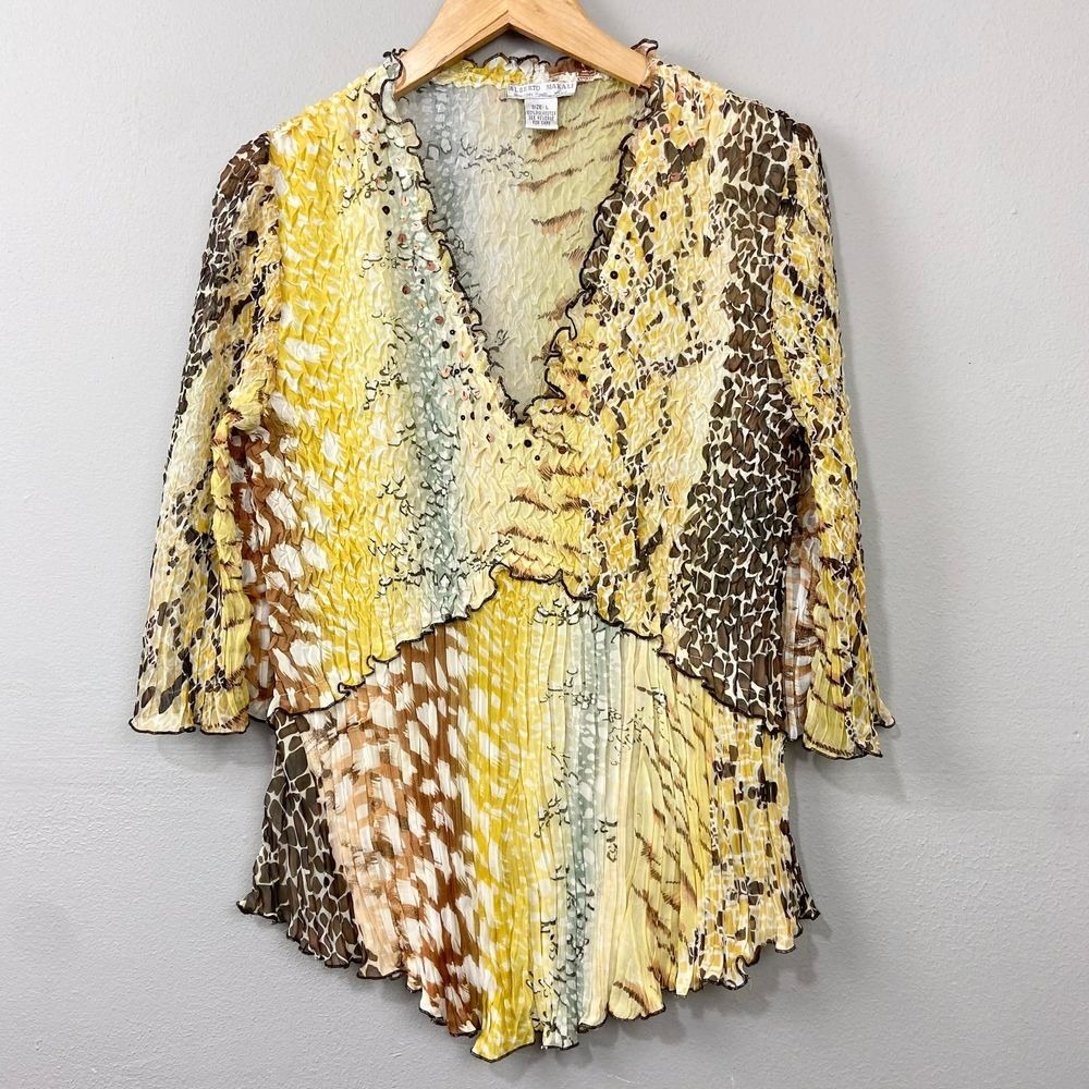 Alberto Makali Pleated Crinkle Blouse Size L‎ Sheer Artsy Abstract Boho Western